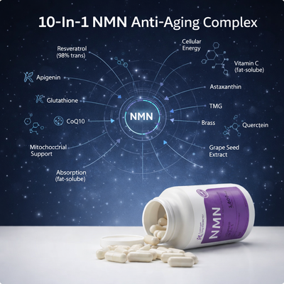 Complex 1, 000Mg Per Dose, 120 Plant-Based Capsules | 10-In-1 Formula Containing Nicotinamide Mononucleotide, Vitamin C, Resveratrol, Coq10, TMG, Quercetin, And Glutathione | Precursor for NAD+ Supplements
