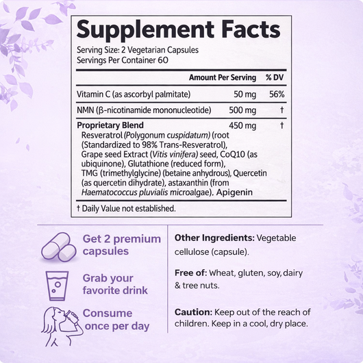 Complex 1, 000Mg Per Dose, 120 Plant-Based Capsules | 10-In-1 Formula Containing Nicotinamide Mononucleotide, Vitamin C, Resveratrol, Coq10, TMG, Quercetin, And Glutathione | Precursor for NAD+ Supplements
